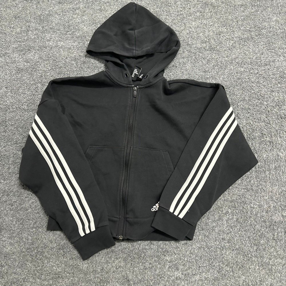 Adidas Hoodie Womens Size XS Black 3-Stripe Cropped Full Zip Athletic Sweatshirt